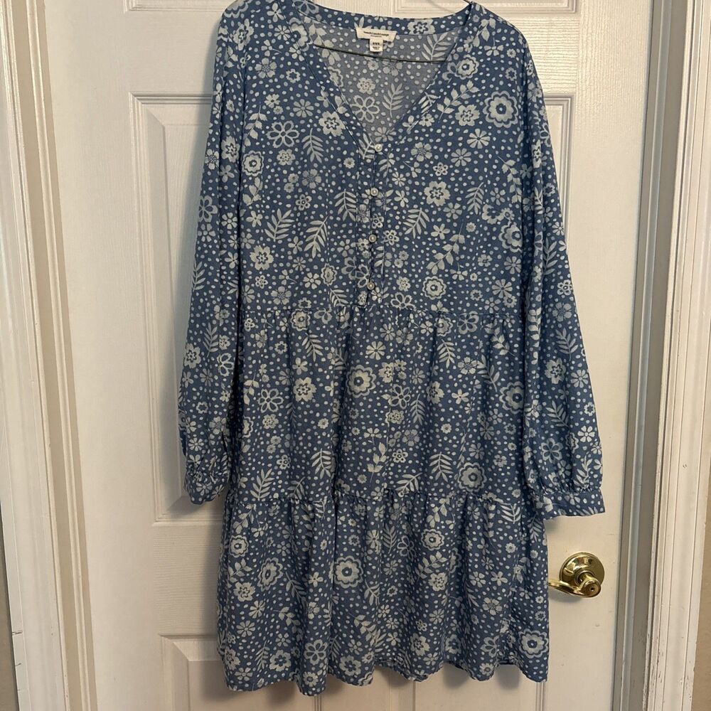 Beach Lunch Lounge Maddie Baby Doll Ruffle Floral Blue Womens Dress Size M